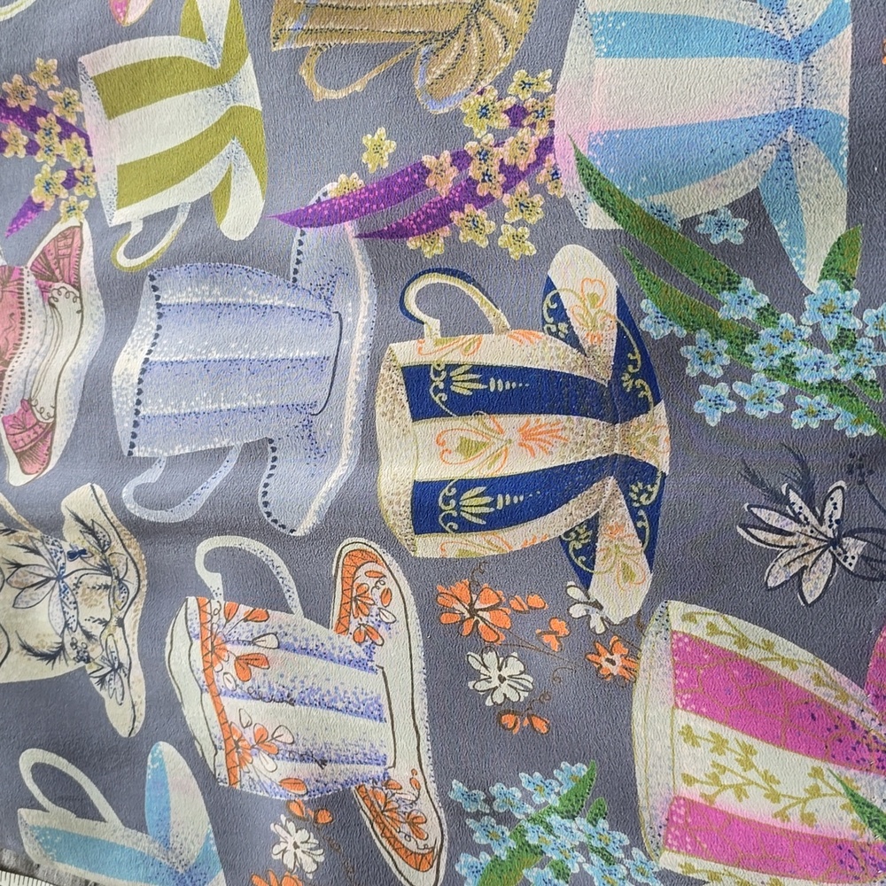 Anthropologie Dress By FLOREAT Teacup Print Purple Silk "Sugar & Cream Dress" - Picture 9 of 16
